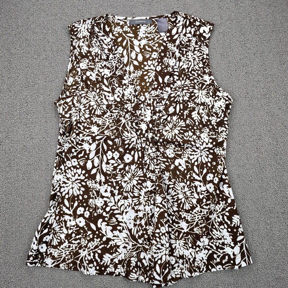 Liz Claiborne Brown White Floral Twist Front V-Neck Sleeveless Blouse Womens XL